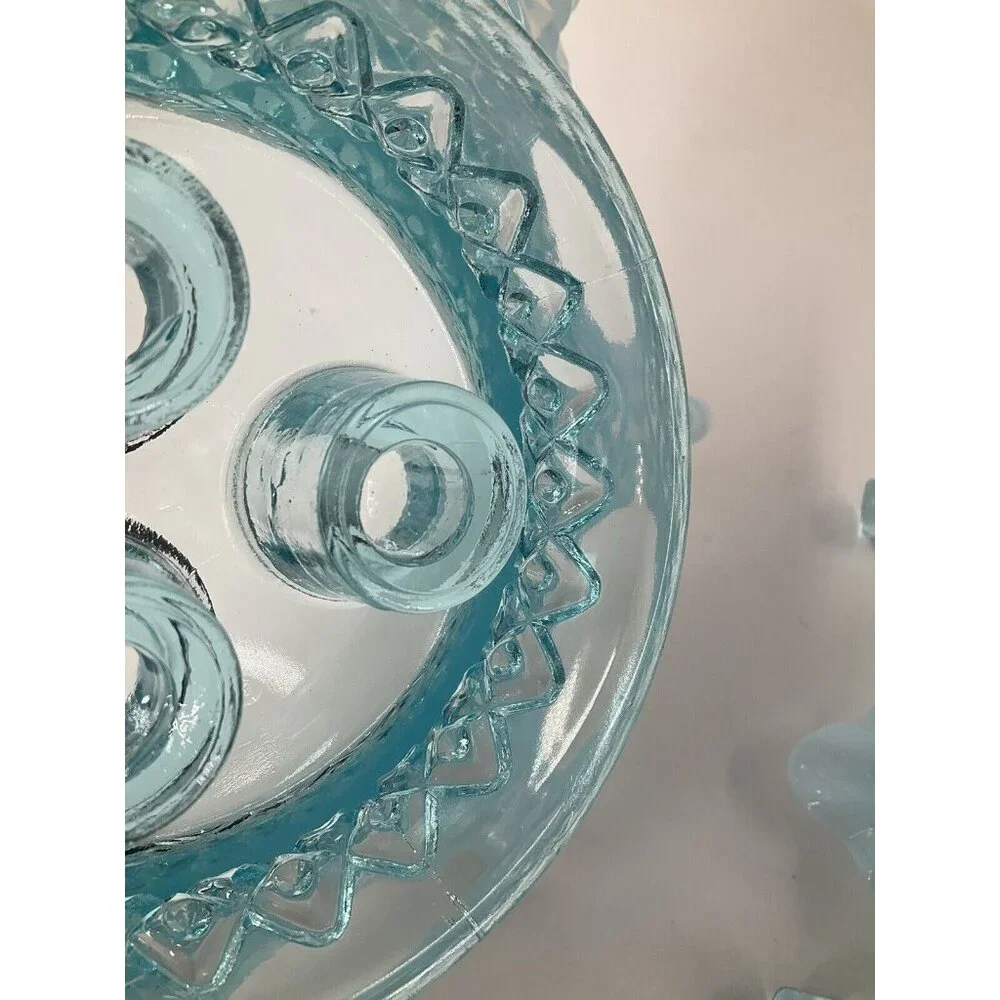 FENTON Glass 10" Flower EPERGNE Sea Blue Opalescent Hobnail Diamond Lace, MINT!! - Picture 14 of 16